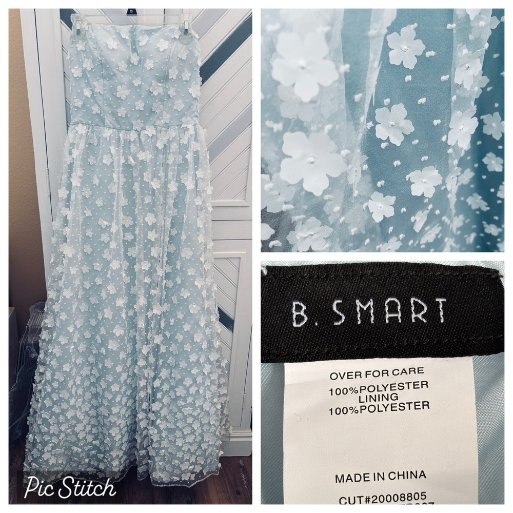 B. Smart Junior's Size 9 Baby Blue White Flowers Strapless Floor Length Dress